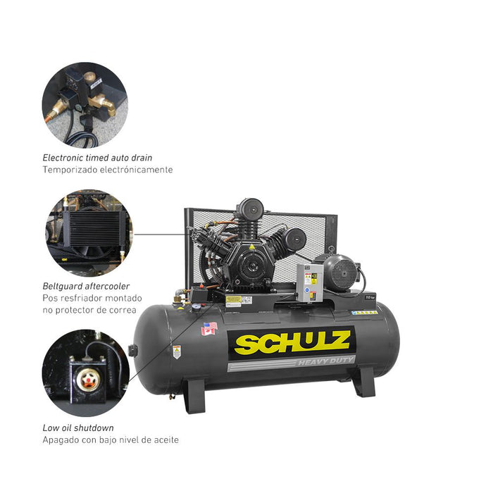 Schulz of America P10120HW40X-3 Premium - 10hp Reciprocating Air Compressor, 120 Gallon Horizontal Tank, MSW 40 MAX, 26.5 CFM