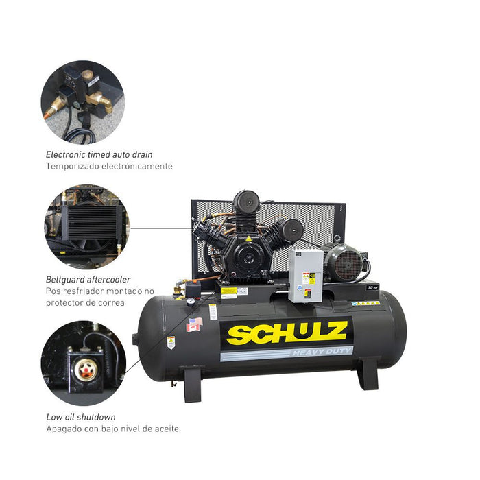 Schulz of America P15120HW60X-3  Premium - 15hp Reciprocating Air Compressor, 120 Gallon Horizontal Tank, MSW 60 MAX, 45 CFM