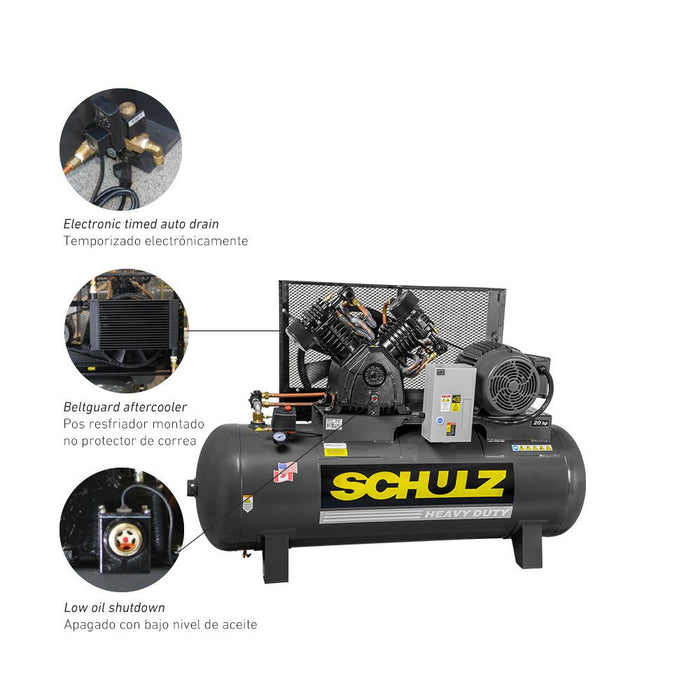 Schulz of America P20120HLV80BR  Premium - 20hp Reciprocating Air Compressor, 120 Gallon Horizontal Tank, MSLV 80 BR, 58.4 CFM