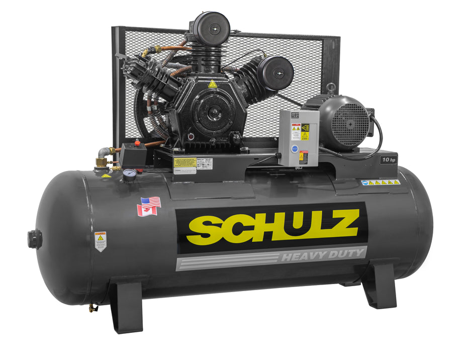 Schulz of America 10120HW40X 10hp Heavy Duty V-Series Reciprocating Air Compressor, 120 Gallon Horizontal Tank, 25.9 CFM @ 175 PSI