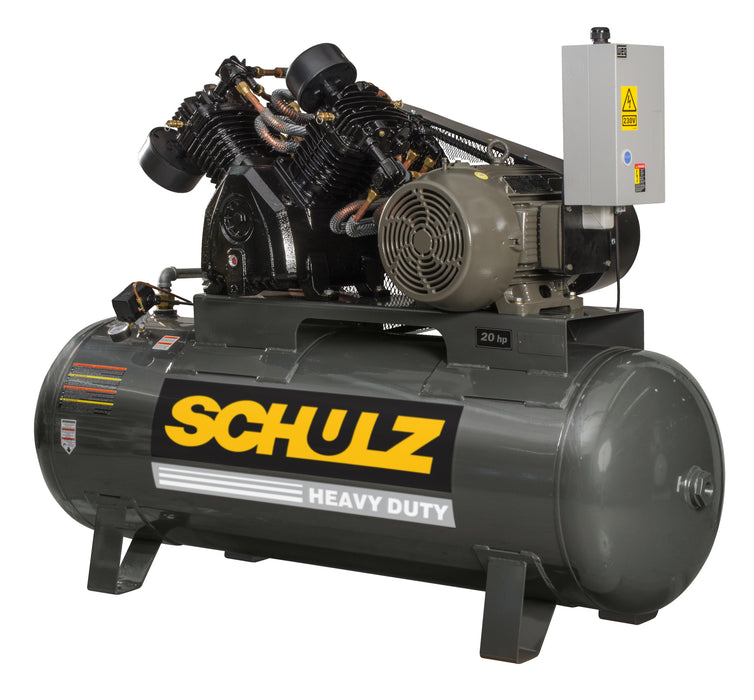 Schulz of America 20120HLV80BR - 20hp Reciprocating Air Compressor, 120 Gallon Horizontal Tank, MSLV-80BR Pump, 63 CFM